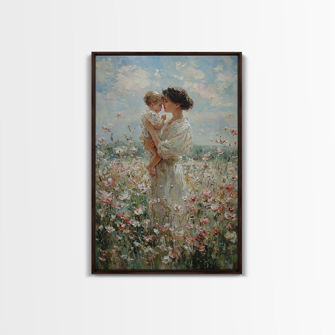 Mother And Baby Among White Wildflowers Framed Canvas Print, Impressionist Floral Wall Art, Nursery Decor, Gift For Her, Mothers Day Gift