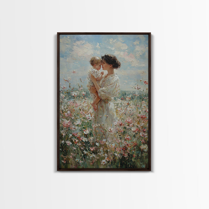 Mother And Baby Among White Wildflowers Framed Canvas Print, Impressionist Floral Wall Art, Nursery Decor, Gift For Her, Mothers Day Gift