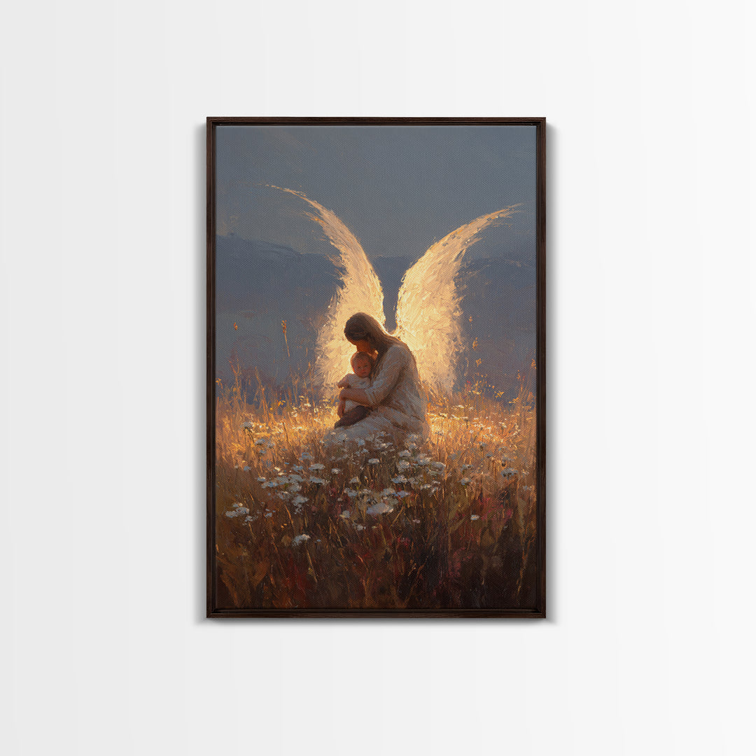 Glowing Guardian Angel With Baby In Twilight Meadow Canvas Print, Christian Wall Art, Spiritual Decor, Nursery Decor, Gift For Her
