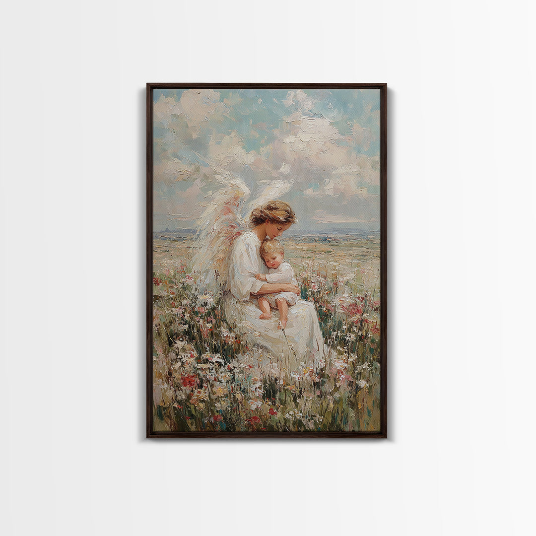 Angel Mother Holding Sleeping Child In Wildflower Meadow Framed Canvas Print, Christian Wall Art, Nursery Decor, Gift For Her