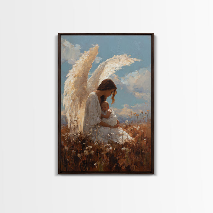 Guardian Angel Mother Cradling Baby In Golden Meadow Canvas Print, Christian Wall Art, Nursery Decor, Mothers Day Gift, Home Decor