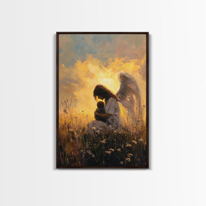 Golden Guardian Angel With Child Wall Art, Christian Nursery Decor, Spiritual Canvas, Angel Painting, Gift For Mom, Living Room Decor