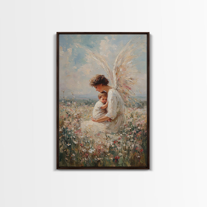 Serene Angel Holding Child Canvas Print, Christian Wall Art, Nursery Wall Decor, Spiritual Gift, Fine Art Print, Home Decor
