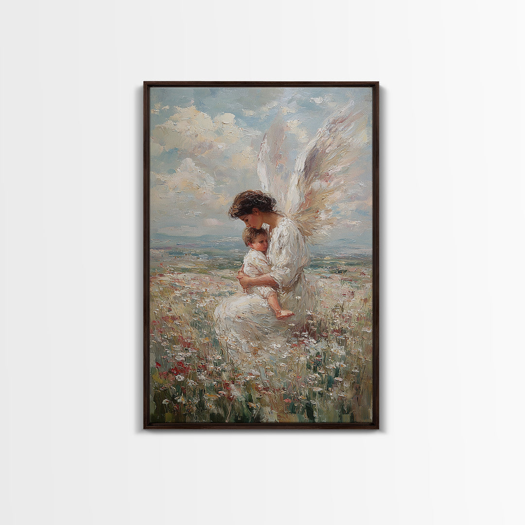 White Winged Angel And Child Framed Canvas Print, Christian Nursery Art, Guardian Angel Wall Decor, Religious Gift For Baby