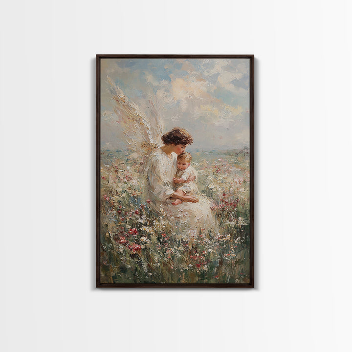 Motherly Angel With Baby In Wildflowers Wall Art, Christian Nursery Decor, Guardian Angel Print, Baptism Gift For Mom And Baby