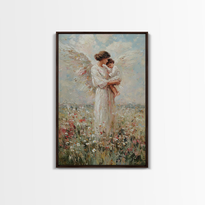 Standing Guardian Angel Holding Baby Canvas Print, Christian Wall Art, Nursery Decor, Spiritual Gift, Floral Meadow Art Print