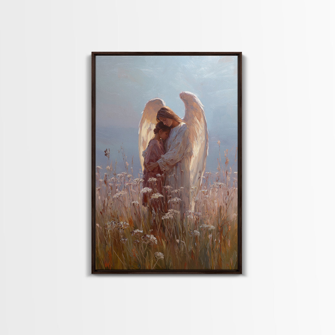 Sunlit Angel Embracing Child Wall Art, Christian Nursery Decor, Guardian Angel Canvas, Spiritual Home Decor, Gift For Her