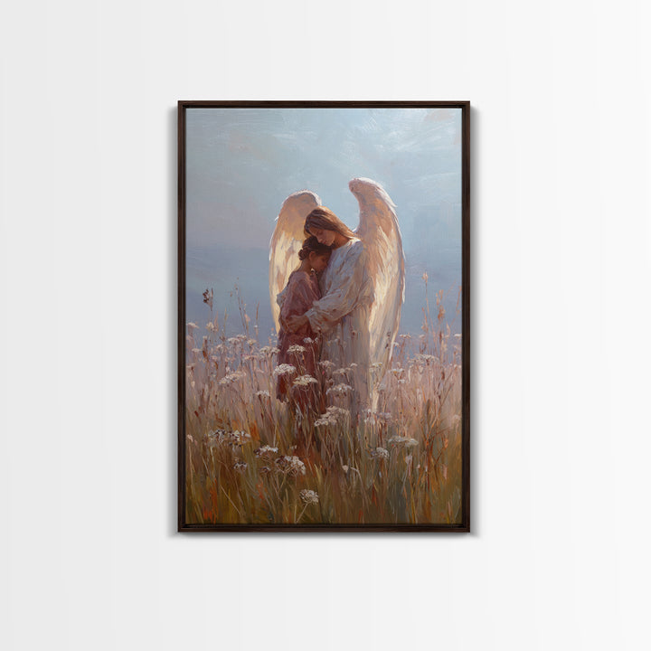 Sunlit Angel Embracing Child Wall Art, Christian Nursery Decor, Guardian Angel Canvas, Spiritual Home Decor, Gift For Her