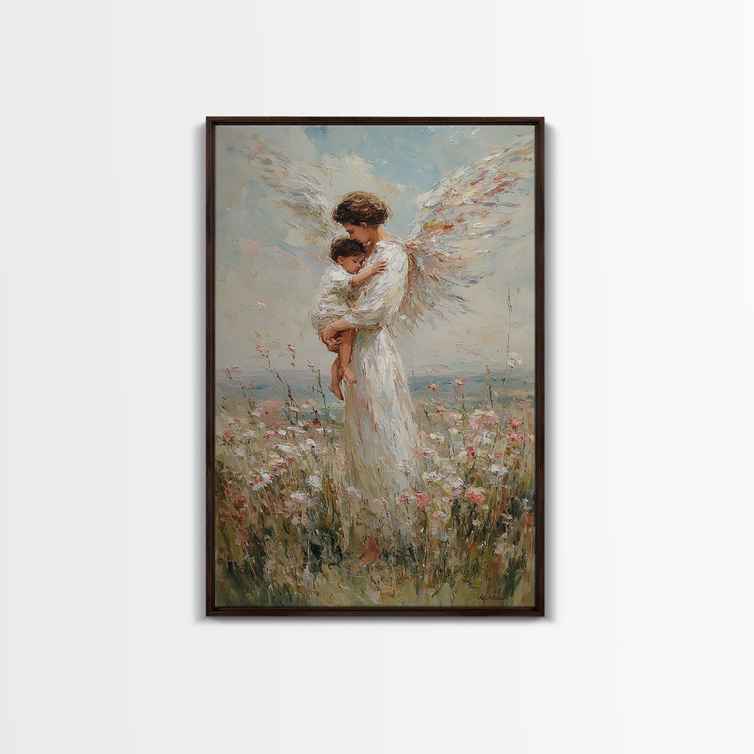 Tender Angel Carrying Child Framed Canvas Print, Christian Wall Art, Nursery Room Decor, Guardian Angel Gift For Baby Girl