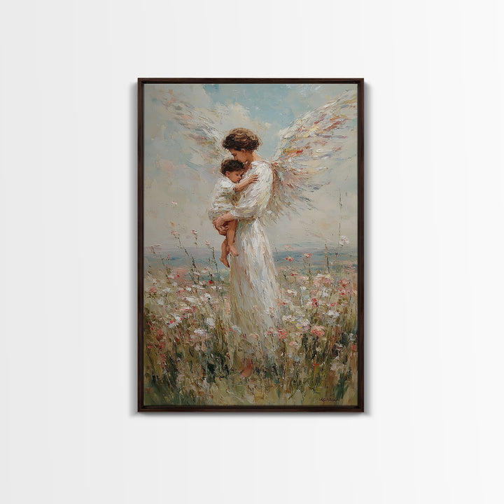 Tender Angel Carrying Child Framed Canvas Print, Christian Wall Art, Nursery Room Decor, Guardian Angel Gift For Baby Girl