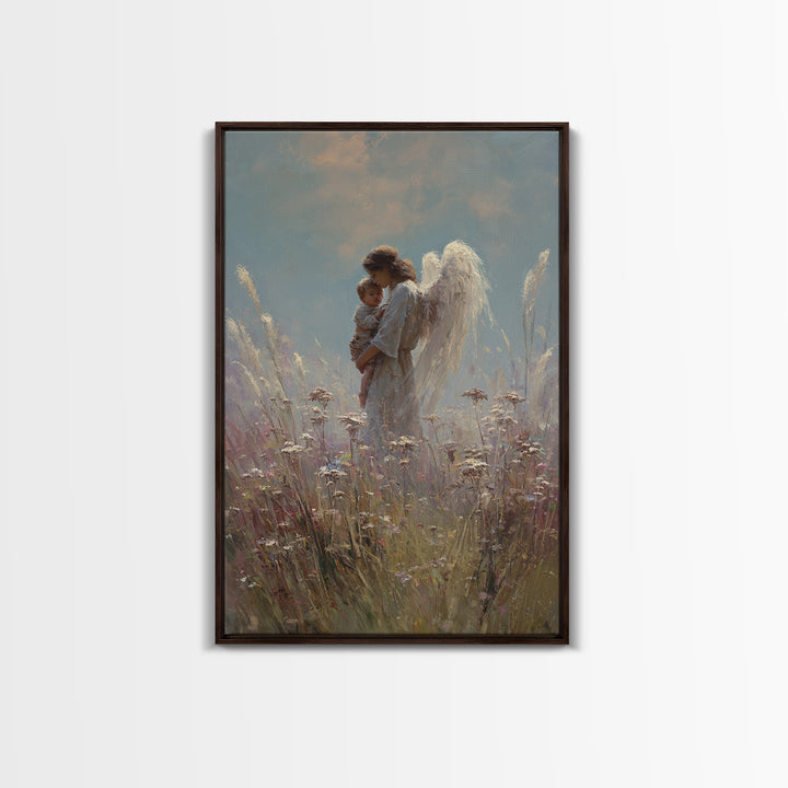 Soft Meadow Angel Holding Baby Canvas Print, Christian Wall Art, Nursery Decor, Guardian Angel Gift, Calming Wall Decor Print