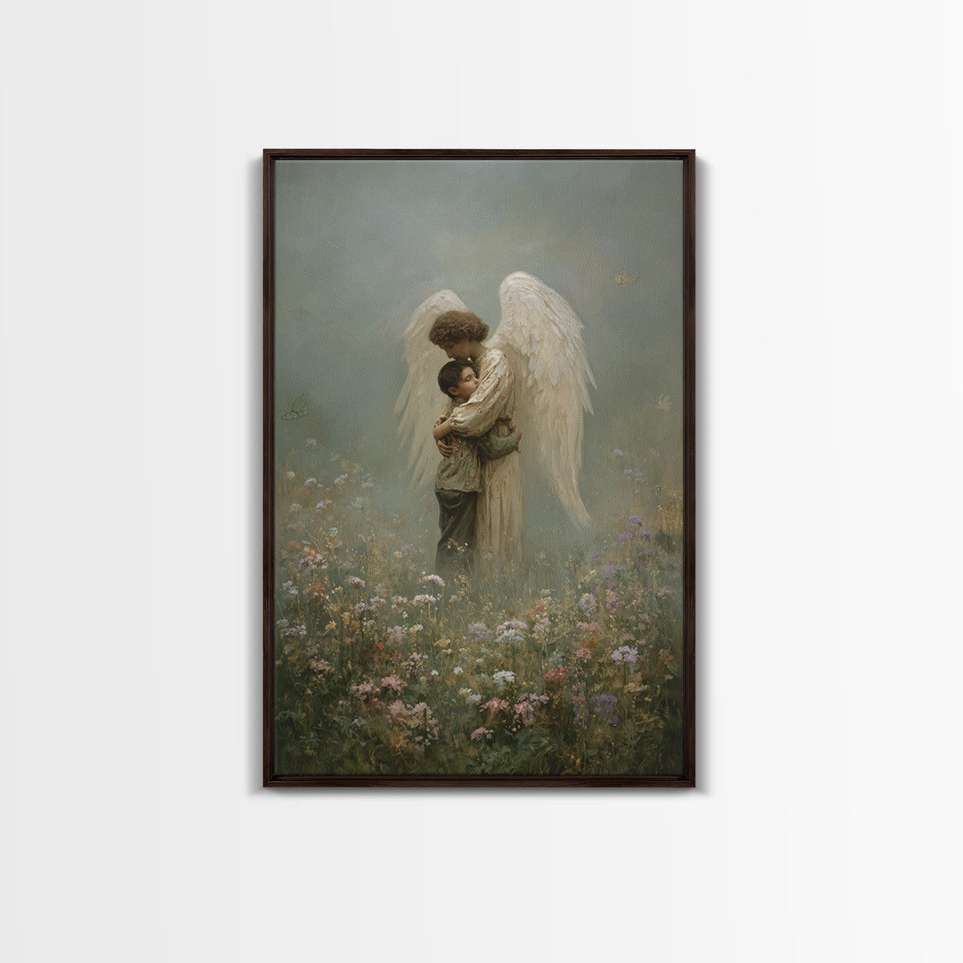 Misty Guardian Angel Hugging Child Framed Canvas Print, Christian Wall Art, Spiritual Nursery Decor, Butterfly Meadow Art