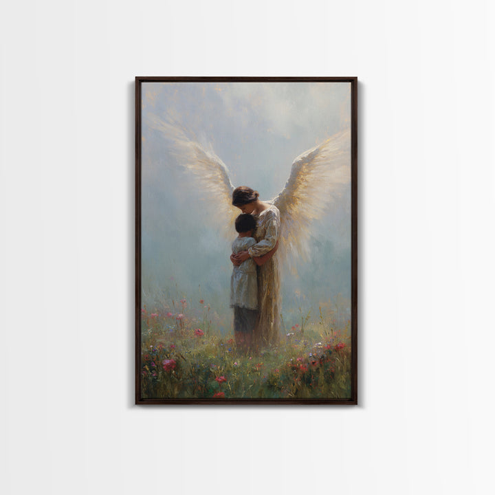 Guardian Angel Embracing Child In Wildflower Meadow Wall Art, Christian Nursery Decor, Spiritual Canvas Print Gift For Her