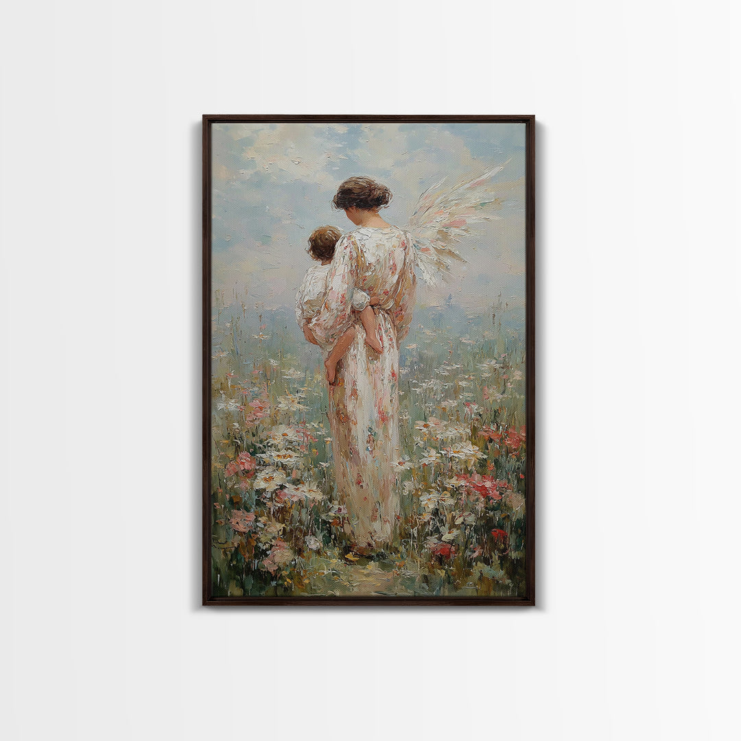 Angel Mother Holding Child In Blooming Meadow Framed Canvas Print, Christian Wall Art, Nursery Decor, Housewarming Gift
