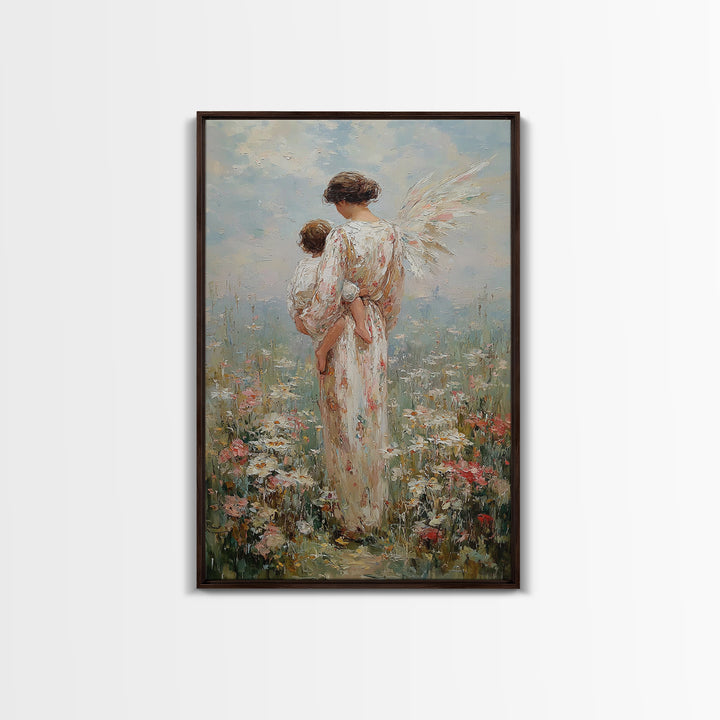 Angel Mother Holding Child In Blooming Meadow Framed Canvas Print, Christian Wall Art, Nursery Decor, Housewarming Gift