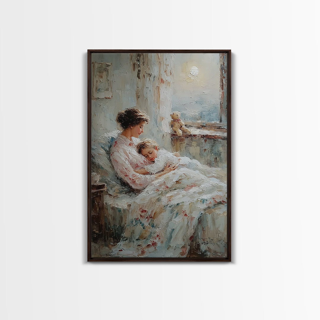 Mother Cradling Sleeping Child By Moonlit Window Framed Canvas Print, Bedroom Wall Art, Nursery Decor, Gift For Mom, Cozy Wall Art