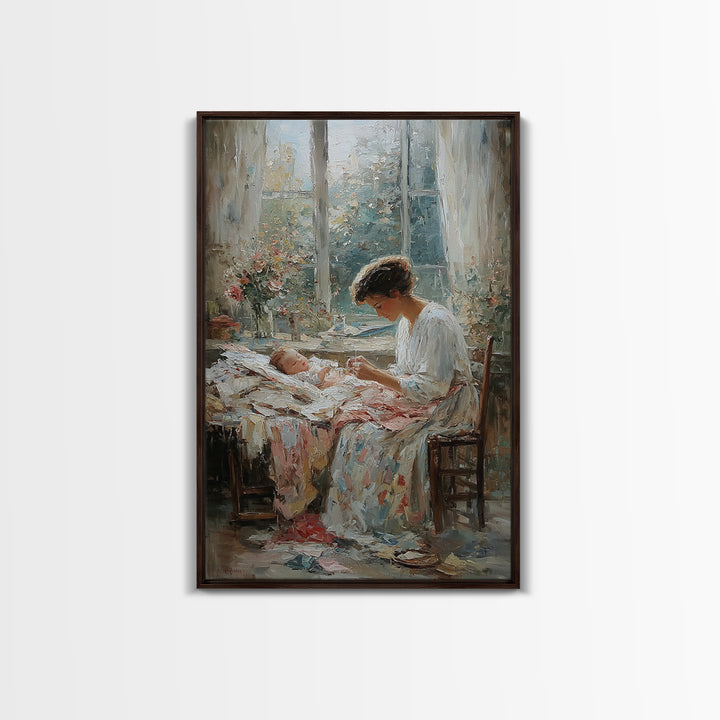 Mother Stitching By Baby Cradle, Bright Window Wall Art, Impressionist Oil Painting Print, Nursery Decor, Gift For Mom, Home Decor