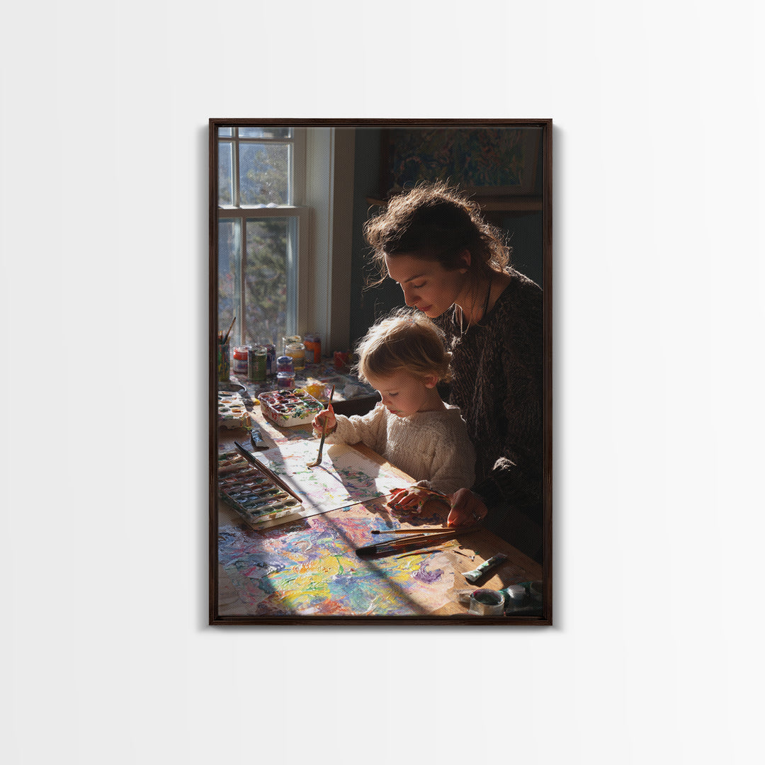 Mother And Toddler Painting Together, Sunlit Studio Wall Art, Modern Home Decor, Art Print, Gift For Mom, Kids Room Decor