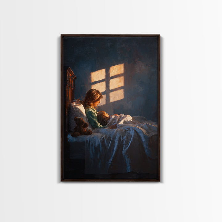 Mother Reading To Child In Bed, Warm Window Light Wall Art, Moody Bedroom Decor, Nursery Art Print, Gift For Mom, Cozy Home Decor