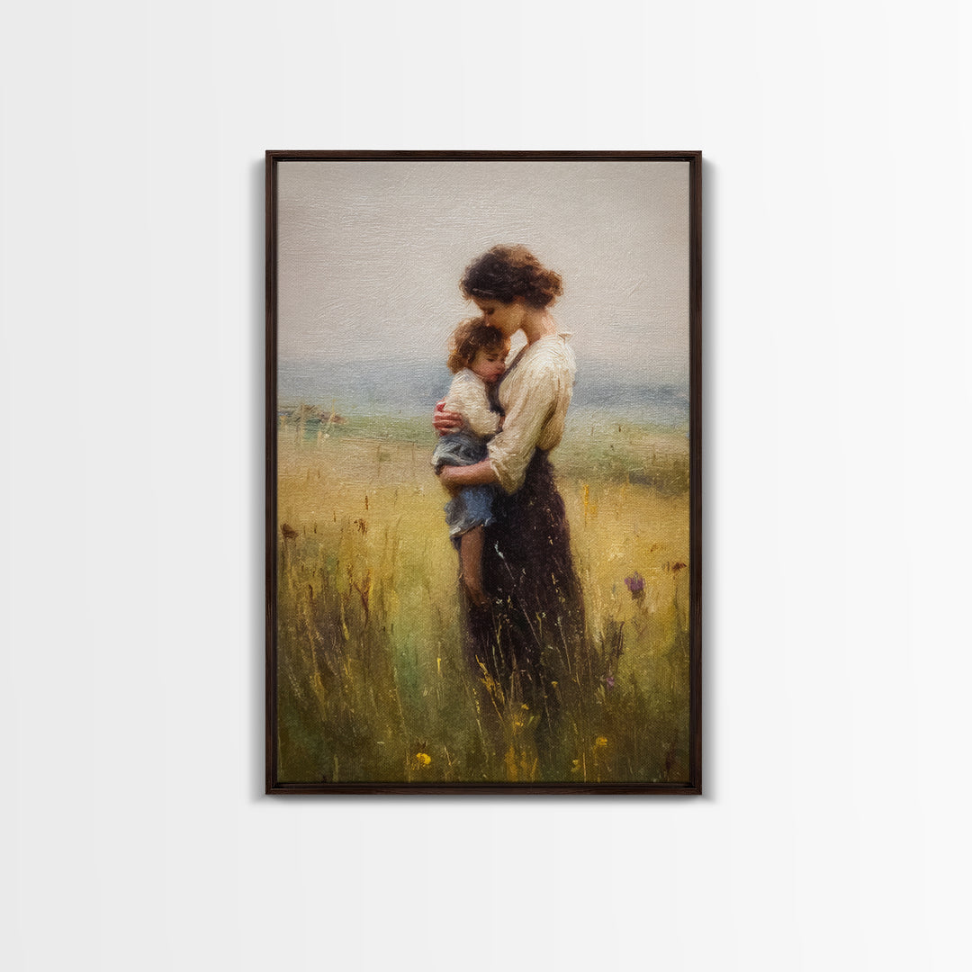 Tender Mother Holding Child In Golden Meadow Canvas Print, Soft Impressionist Oil Painting, Neutral Nursery Wall Art Gift