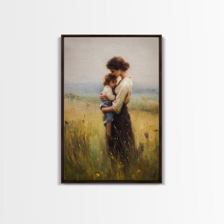 Tender Mother Holding Child In Golden Meadow Canvas Print, Soft Impressionist Oil Painting, Neutral Nursery Wall Art Gift