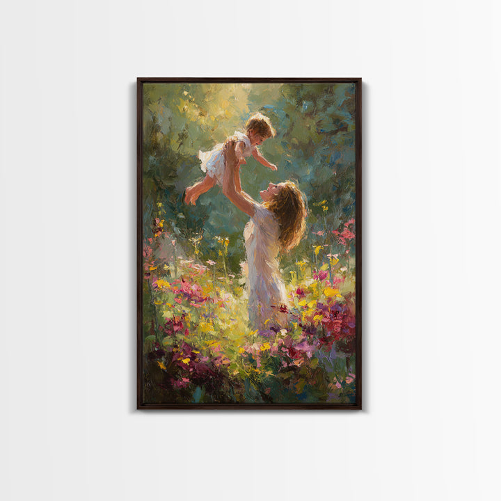 Sunlit Mother And Baby In Flower Garden Canvas Print, Impressionist Oil Painting, Colorful Nursery Wall Art Gift For Mom