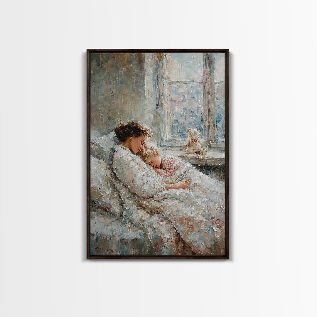 Tender Mother And Child Sleeping By Window Wall Art, Soft Nursery Decor, Mothers Day Gift, Bedroom Art Print, New Mom Gift