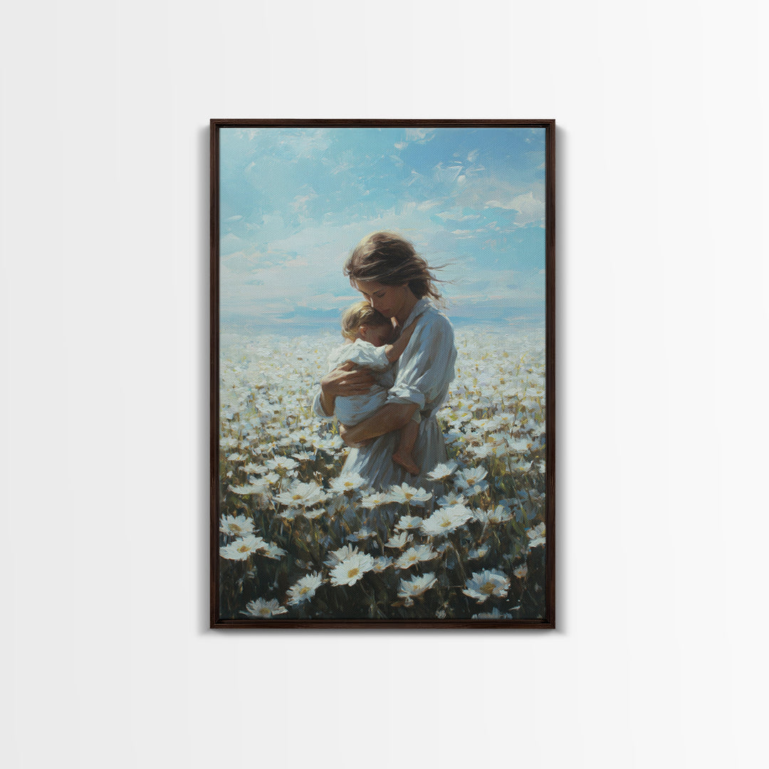 Mother Cradling Baby In Blue Sky Daisy Field Framed Canvas Print, Floral Wall Art, Nursery Decor, Mothers Day Gift, New Mom Gift