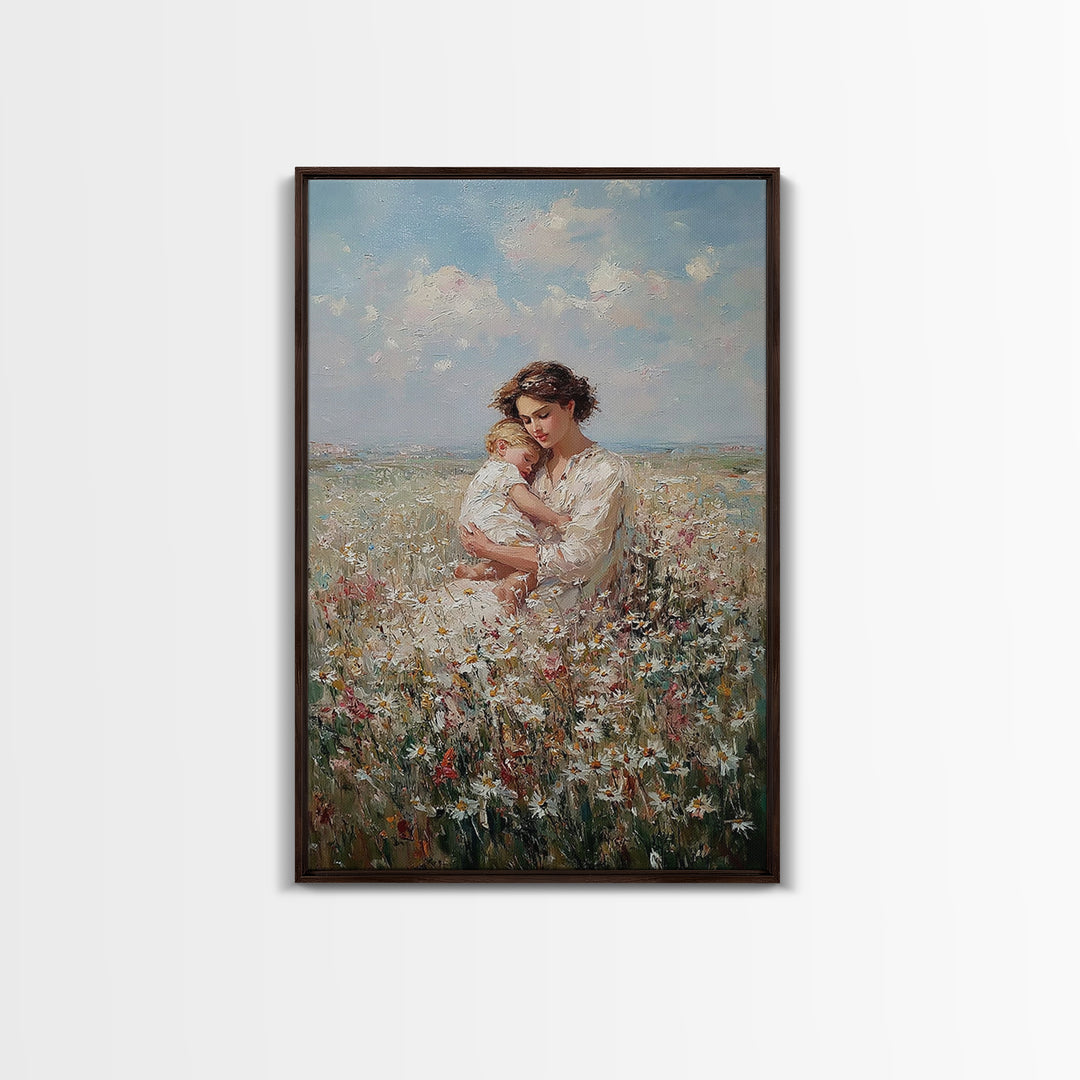 Romantic Mother And Baby In Wildflower Field Canvas Print, Floral Wall Art, Nursery Decor, Mothers Day Gift, New Mom Gift