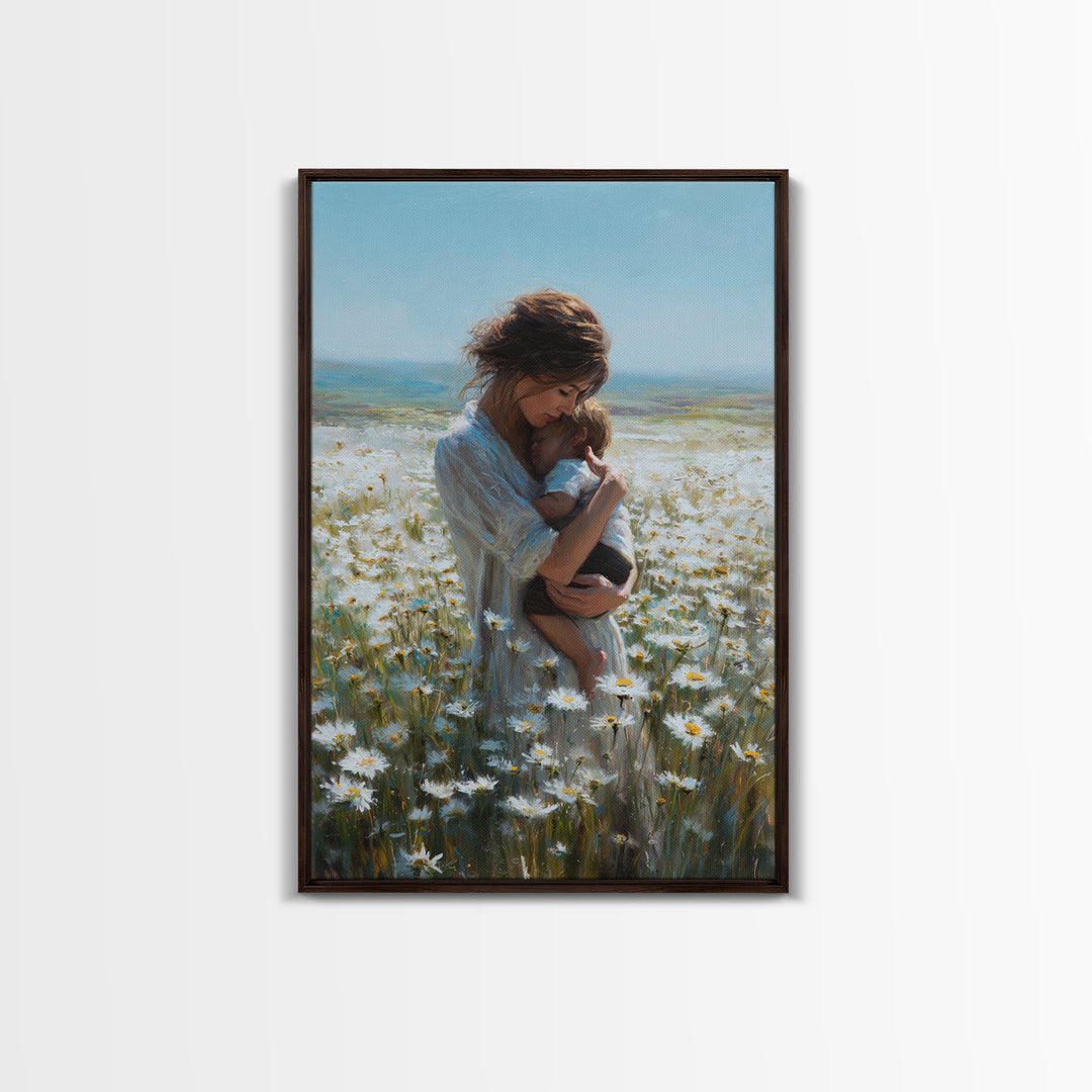 Mother Nursing Baby In Daisy Meadow Wall Art, Feminine Floral Oil Painting Print, New Mom Gift, Nursery And Bedroom Decor