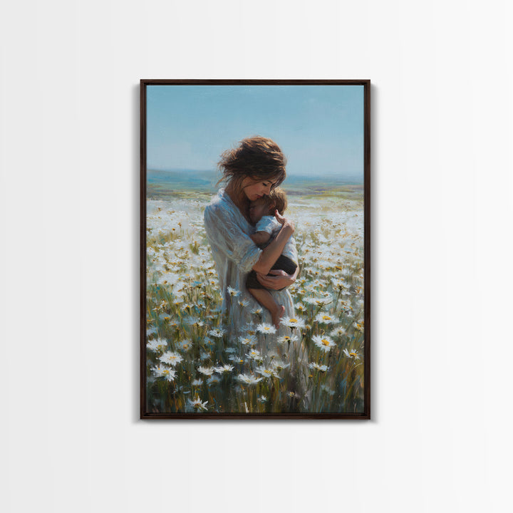 Mother Nursing Baby In Daisy Meadow Wall Art, Feminine Floral Oil Painting Print, New Mom Gift, Nursery And Bedroom Decor