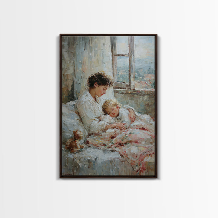 Mother And Sleeping Child By Window Framed Canvas Print, Cozy Bedroom Wall Art, New Mom Gift, Nursery Room Decor, Soft Neutral Home Decor