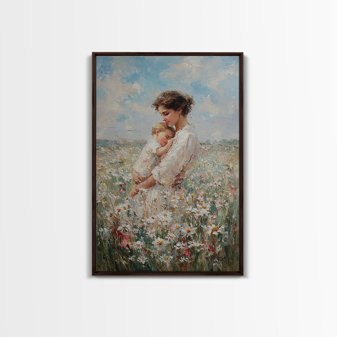 Mother Cradling Baby In Daisy Field Canvas Print, Soft Floral Wall Art, Feminine Nursery Decor, Gift For New Mom, Bedroom Wall Decor