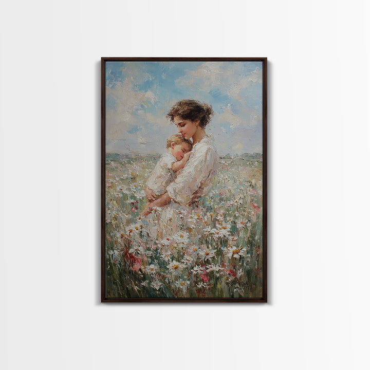 Mother Cradling Baby In Daisy Field Canvas Print, Soft Floral Wall Art, Feminine Nursery Decor, Gift For New Mom, Bedroom Wall Decor