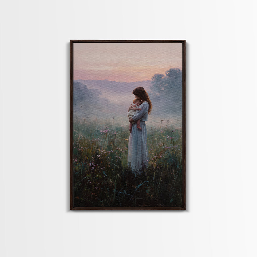 Mother And Baby In Misty Sunrise Meadow Wall Art, Romantic Landscape Oil Painting, New Mom Gift, Feminine Bedroom And Nursery Decor