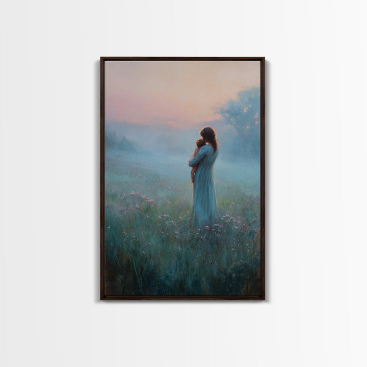 Mother Holding Baby In Foggy Pastel Meadow Canvas Print, Calming Landscape Wall Art, New Mom Gift, Nursery Decor, Soft Bedroom Wall Decor