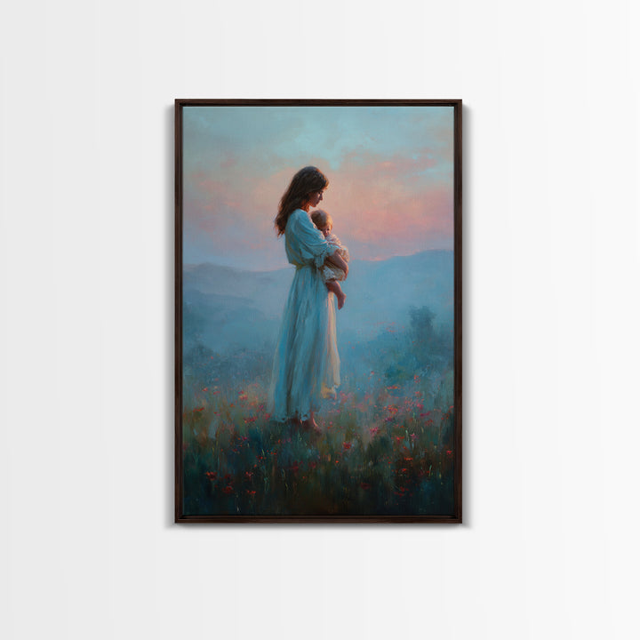 Mother And Baby At Blue Pink Sunset Wall Art, Dreamy Mountain Landscape Oil Painting, New Mom Gift, Feminine Nursery Decor