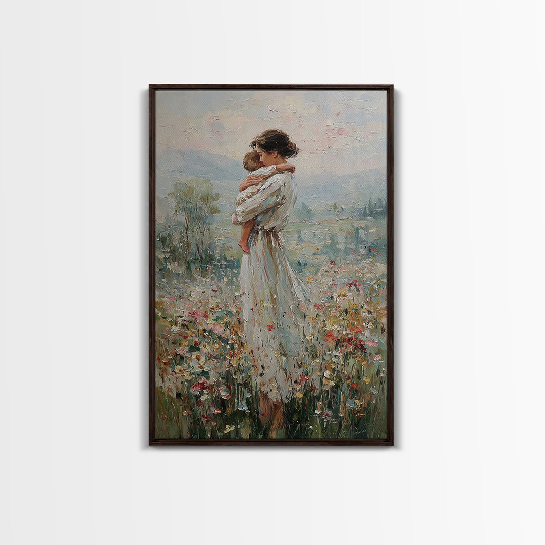 Mother Hugging Child In Mountain Wildflowers Canvas Print, Impressionist Landscape Wall Art, New Mom Gift, Nursery Decor