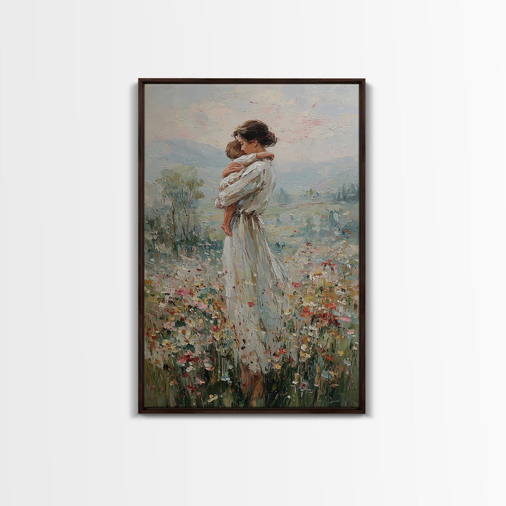 Mother Hugging Child In Mountain Wildflowers Canvas Print, Impressionist Landscape Wall Art, New Mom Gift, Nursery Decor