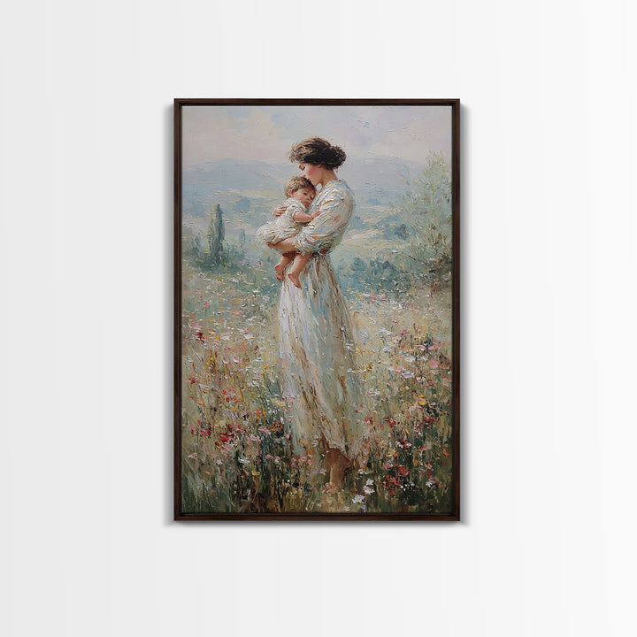 Mother Holding Baby In Wildflower Meadow Wall Art, Impressionist Motherhood Painting, Nursery Decor, Gift For Mom, Living Room Decor