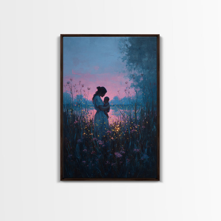 Blue Dusk Mother And Child By Lake Wall Art, Firefly Meadow Painting, Celestial Nursery Decor, Spiritual Gift For Mom, Art Print