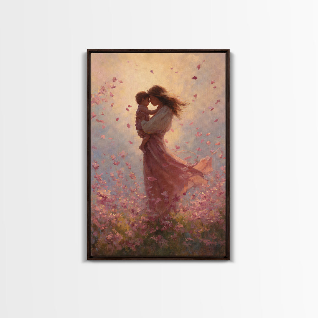 Mother Kissing Baby In Pink Blossom Field Framed Canvas Print, Romantic Wall Art, Nursery Decor, Gift For Her And Mom, Bedroom Decor