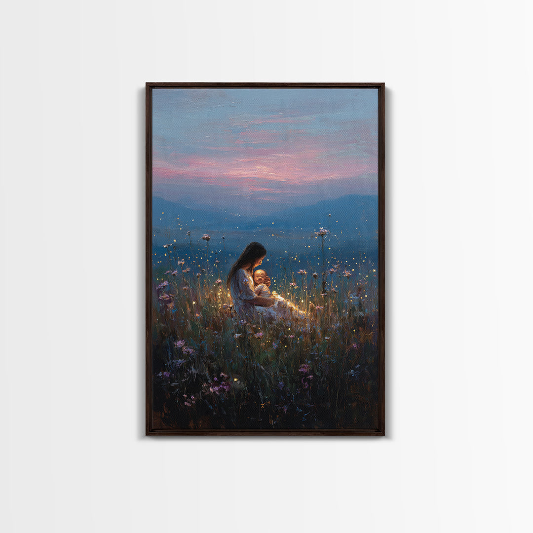 Glowing Mother And Baby In Mountain Meadow Canvas Print, Serene Landscape Wall Art, Nursery Decor, Spiritual Gift For Mom