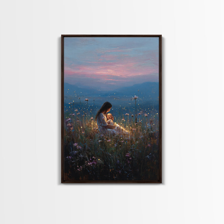 Glowing Mother And Baby In Mountain Meadow Canvas Print, Serene Landscape Wall Art, Nursery Decor, Spiritual Gift For Mom