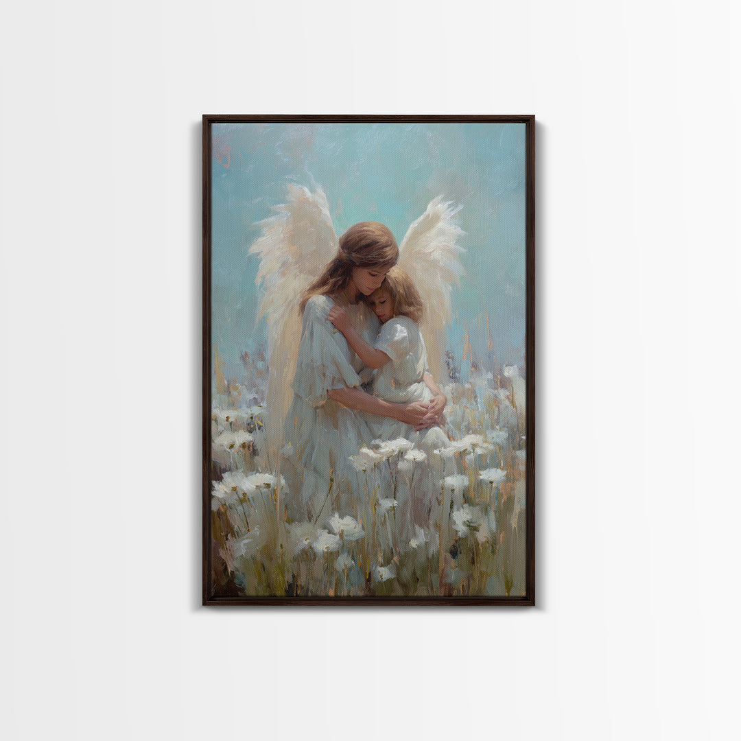 Guardian Angel Hugging Child In White Flower Field Wall Art, Spiritual Canvas Print, Christian Nursery Decor, Gift For Mom