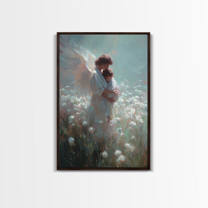 Angel Mother Holding Child In Soft White Meadow Framed Canvas Print, Spiritual Wall Art, Christian Nursery Decor, Gift For Mom