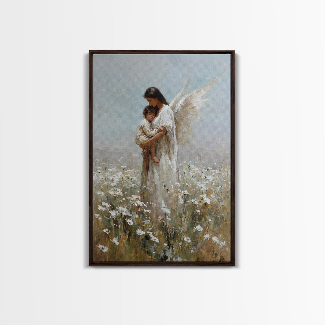 Dark Haired Guardian Angel With Child In Daisy Field Wall Art, Religious Canvas Print, Christian Nursery Decor, Gift For Mom