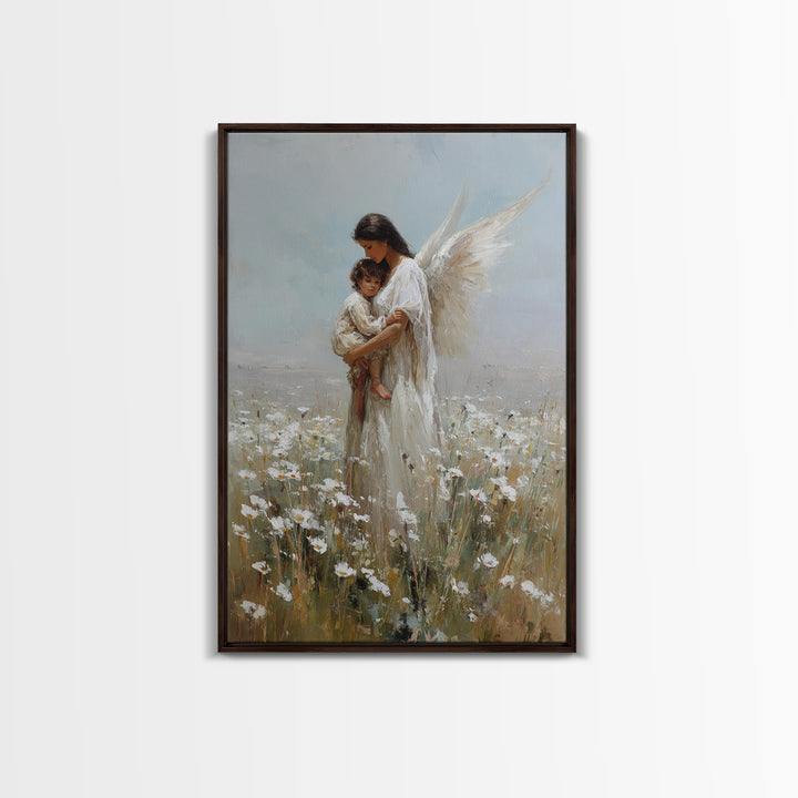 Dark Haired Guardian Angel With Child In Daisy Field Wall Art, Religious Canvas Print, Christian Nursery Decor, Gift For Mom