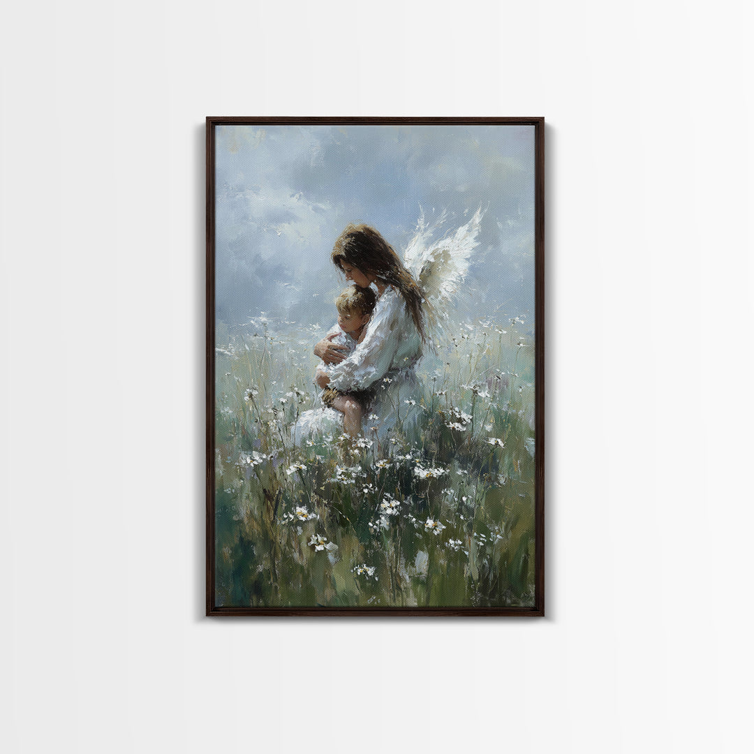 Angel Embracing Child In Wild Daisy Meadow Canvas Print, Soft Spiritual Wall Art, Christian Nursery Decor, Gift For Mom, Bedroom Decor