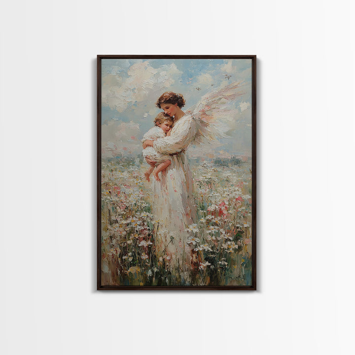 Textured Angel Mother Holding Baby In Wildflower Field Wall Art, Impressionist Canvas Print, Christian Nursery Decor, Gift For Mom